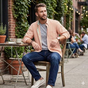 MINE Shirt Mens Long Sleeve Orange & White Checked Casual Button Up Size XL